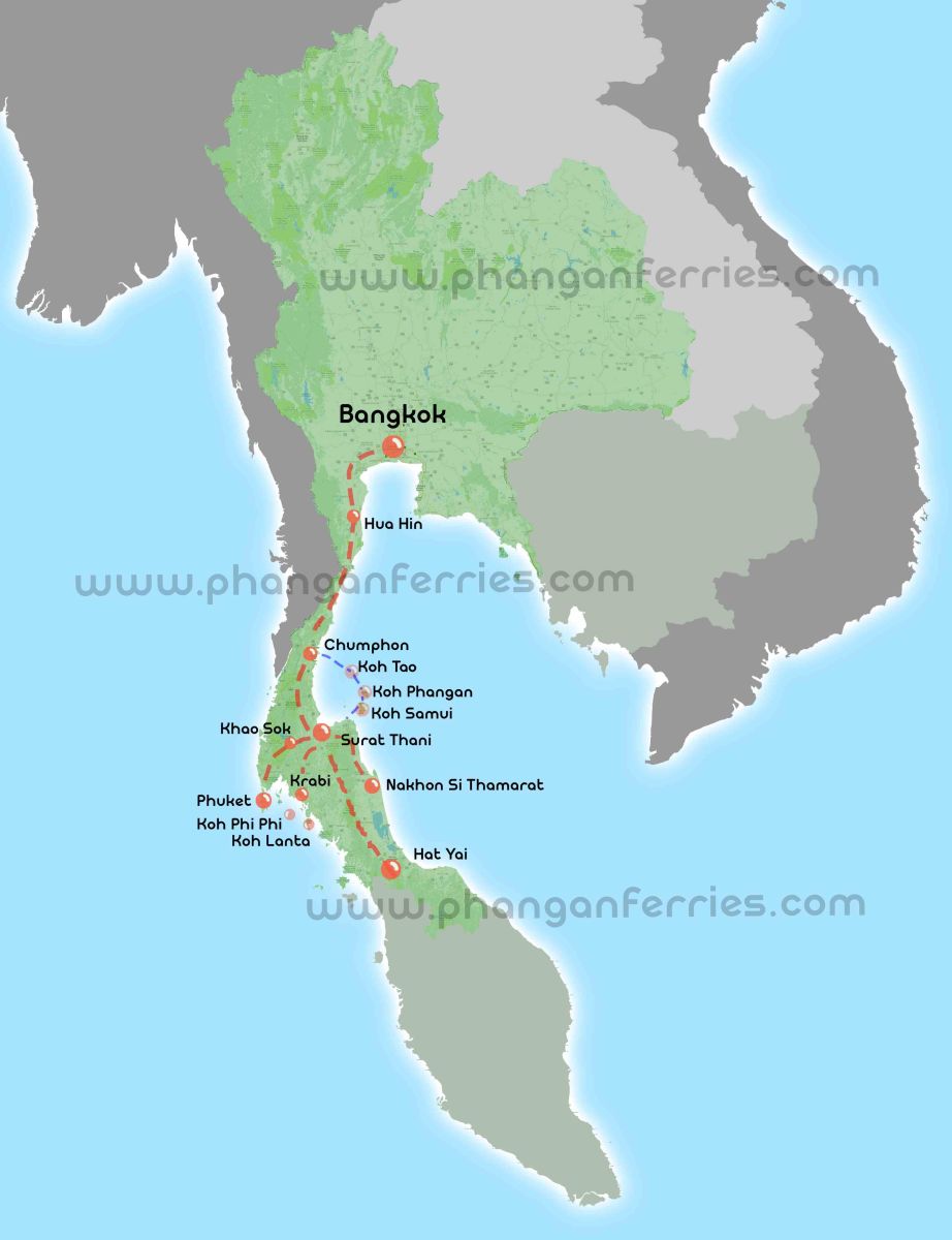 Complete Thailand ferry and bus route map showing connections from the islands north to Bangkok and south to Hat Yai